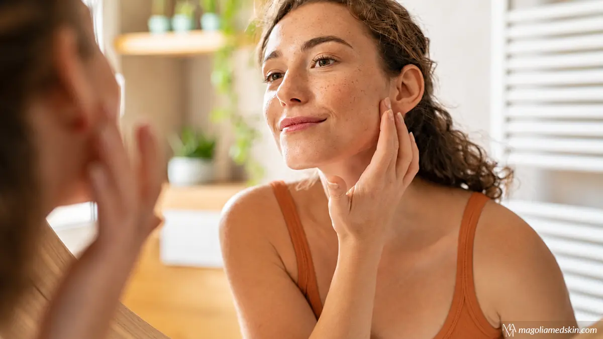 Woman looking in mirror trying to figure out how to prevent ozempic face during weight loss