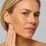 Blonde woman with visible facial pigmentation touching her cheek while exploring how to get rid of sun spots on your face