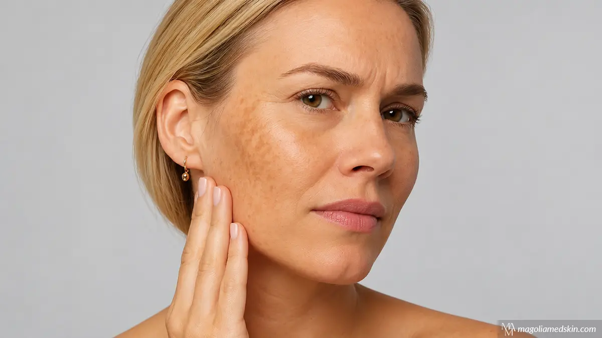Blonde woman with visible facial pigmentation touching her cheek while exploring how to get rid of sun spots on your face